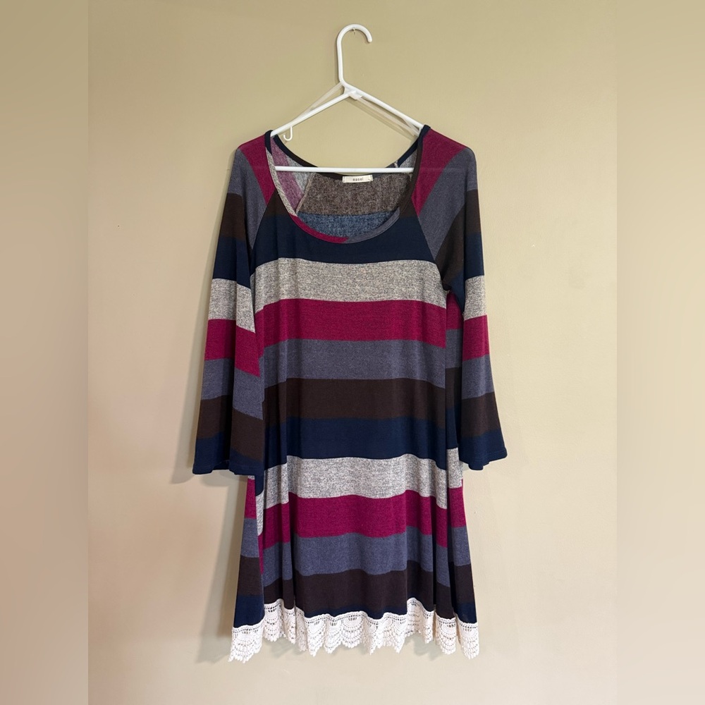 Easel Textured Knit Tunic in Brown, Gray, Blue, and Maroon.